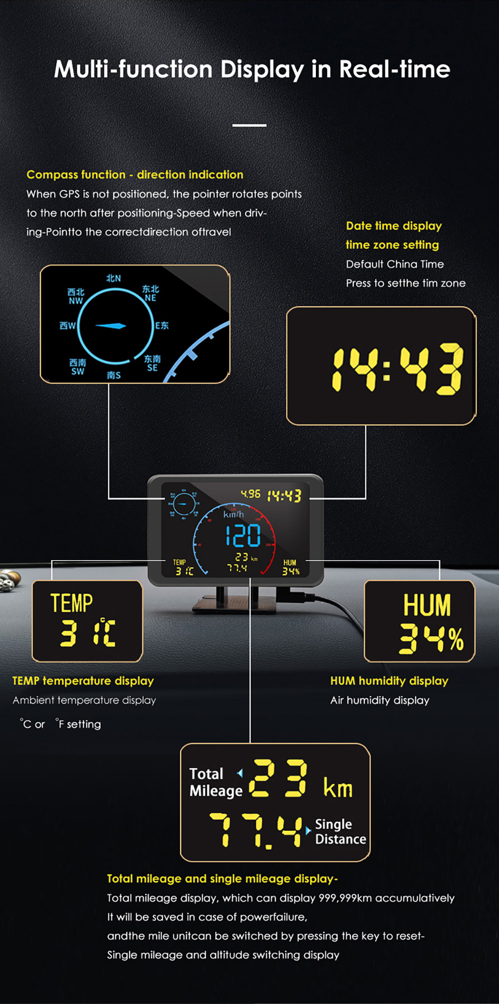 Solar HUD GPS Car Head Up Display Wireless Speedometer Display Speed  Satellite Time Date Auto Adjust Screen Brightness Car Clock