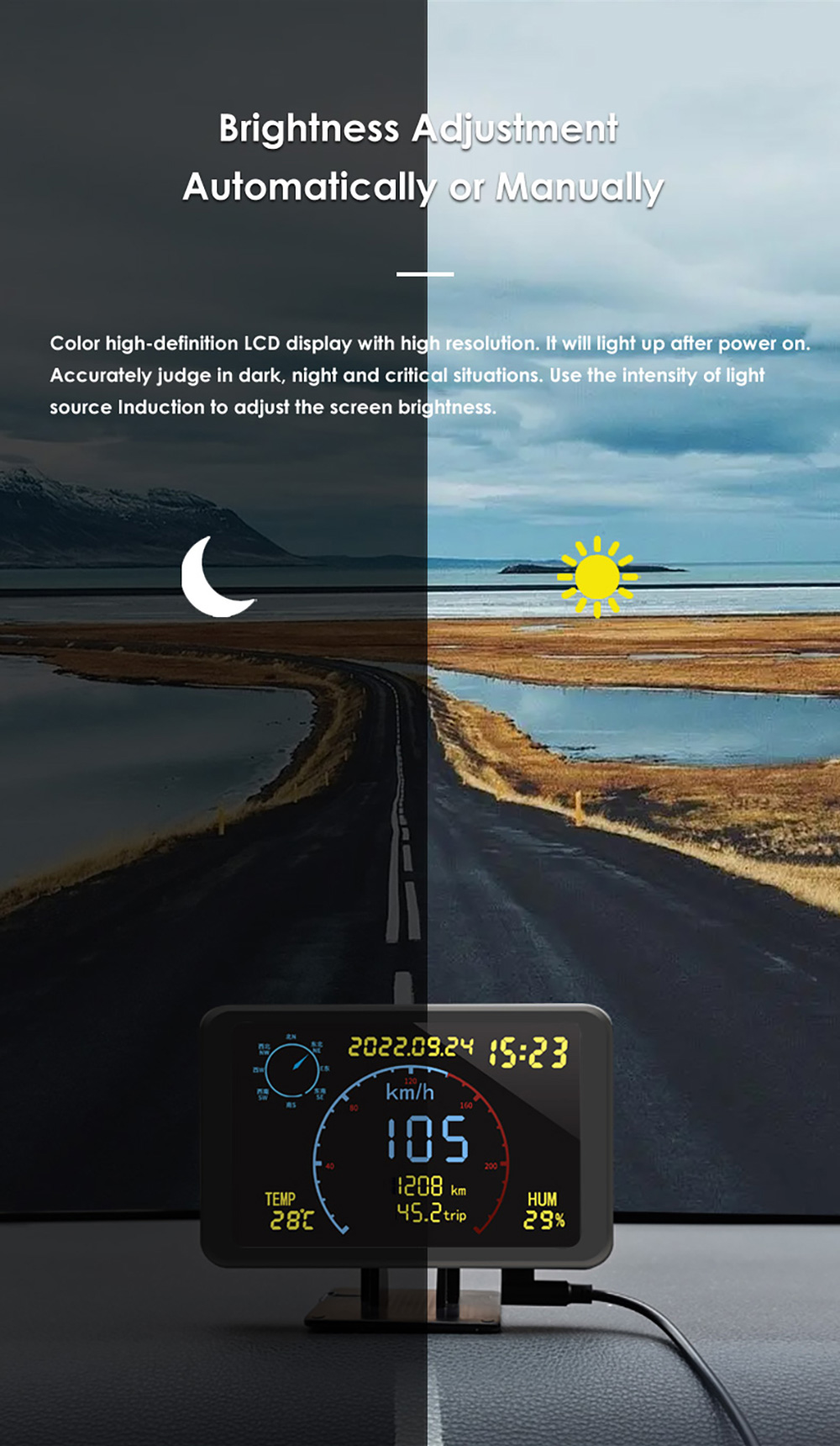 Solar HUD GPS Car Head Up Display Wireless Speedometer Display Speed  Satellite Time Date Auto Adjust Screen Brightness Car Clock